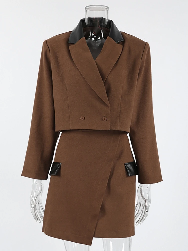 

2 Pieces Set Sexy Summer Autumn Fashion Women 2026 Female Tops Brown Long Sleeve Blazer And Skirt Suit Matching Sets Outfit