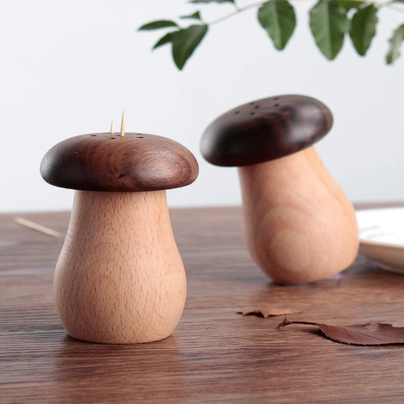 Creative Toothpick Dispenser Wooden Mushroom Shape Toothpick Holder with Sealing Ring Non-shedding Box Home Supply