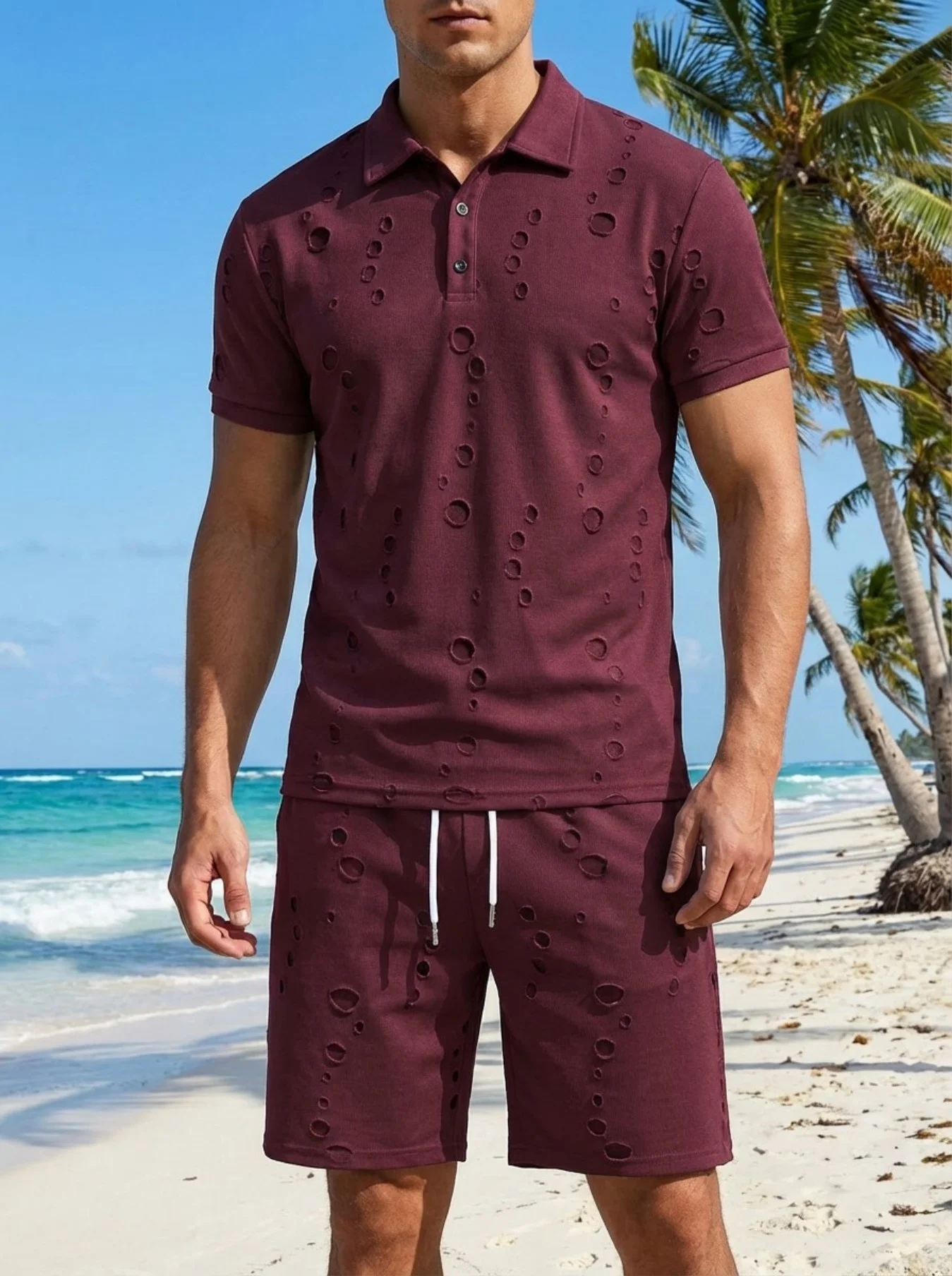 Summer men's new style fashionable casual loose-structured unique breathable beach short-sleeved short pants set