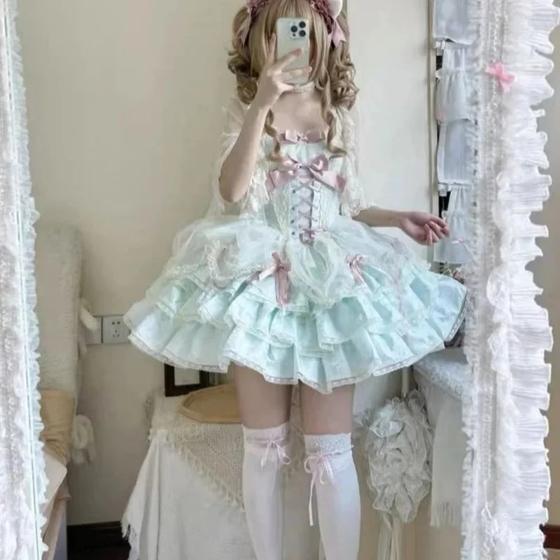 Lolita arco vestidos de renda y2k jk original jsk borboleta doce azul rosa em camadas plissado espartilho roupa princesa festa cosplay meninas