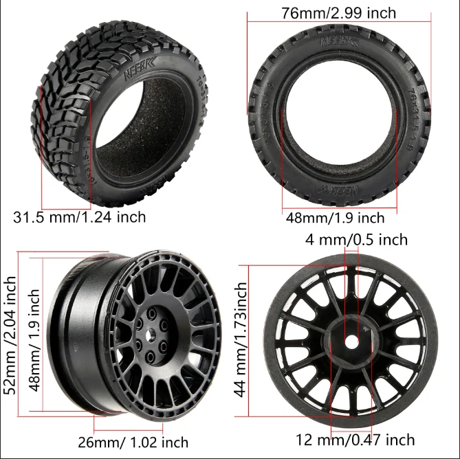 1.9 inch 76mm RC Tires Wheel 12mm Hex Hubs for Wltoys 144010 144001 1/14 1/16 1/10 Scx10 Traxxas Trx-4 Tamiya RC Racing Car