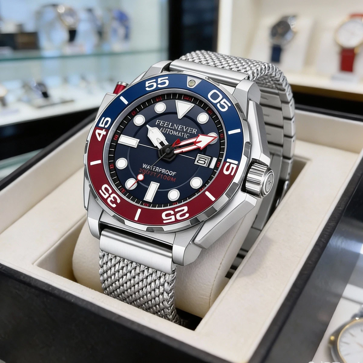 FEELNEVER Men Mechanical Wristwatch Automatic Watch Leisure Fashion Business Waterproof Multi Functional Watch With Watch +Box