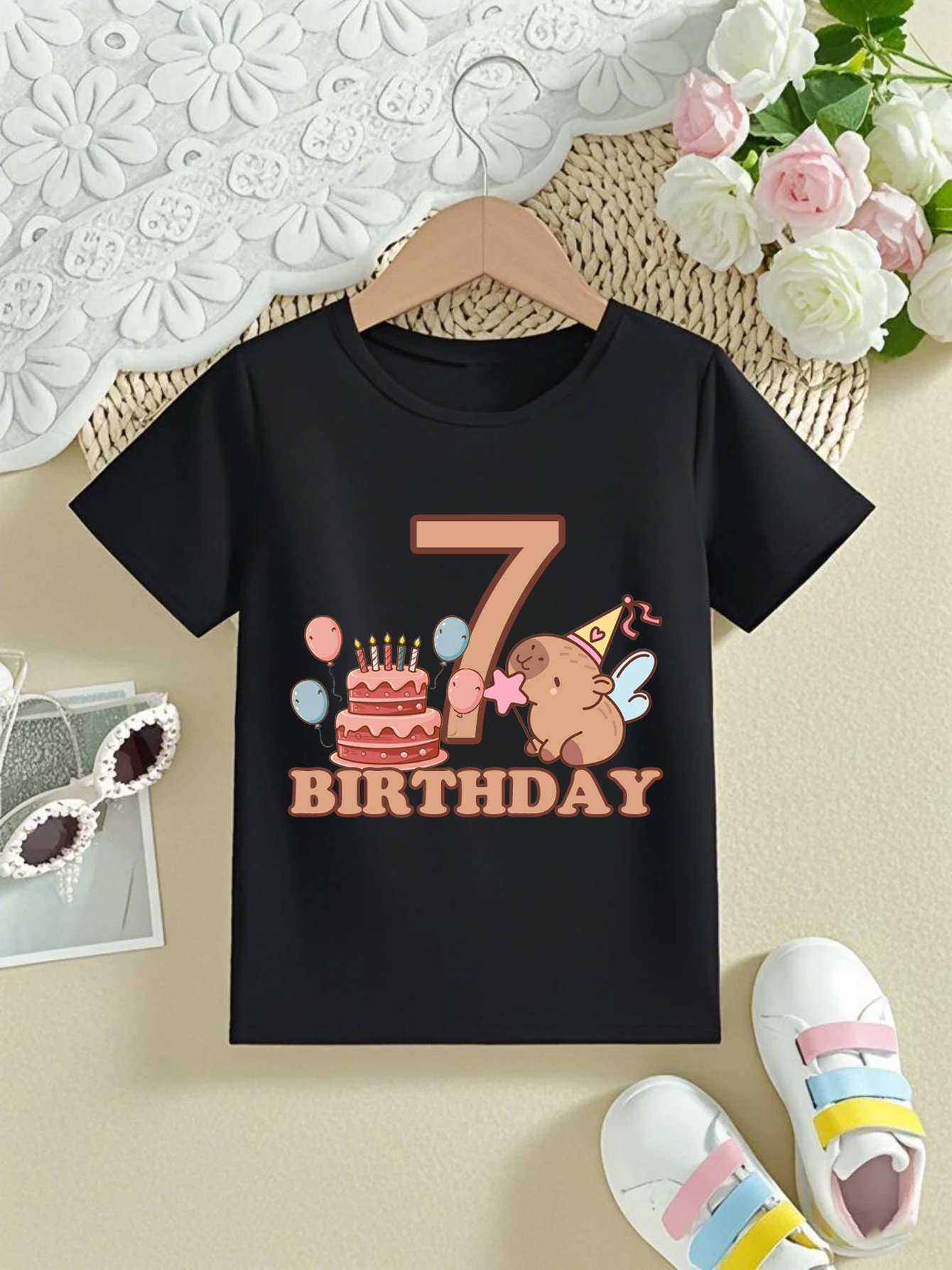 

Magic Capybara Cake Balloon 4th/5th/6th Happy Birthday Printed T-Shirt Girls Cute Perfect Birthday Gift T-Shirt Kids Clothes