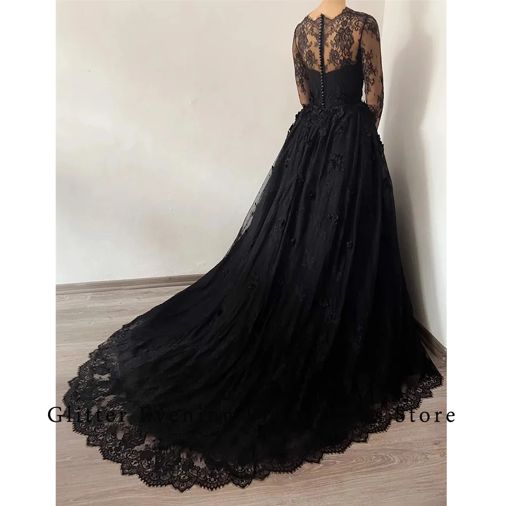 Black Elegant Prom Dresses For Women Sweetheart A-Line Tulle Appliques Lace Court Train Custom Made Birthday Evening Party Grows