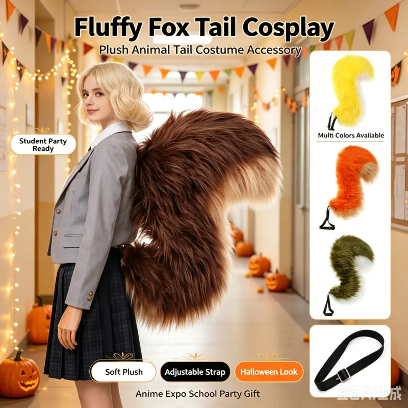Halloween Y2K Adjustable Oversized Gradient Fluffy Faux Fur Squirrel Tail Fun Cosplay Halloween Costume Party Prop Holiday Gift