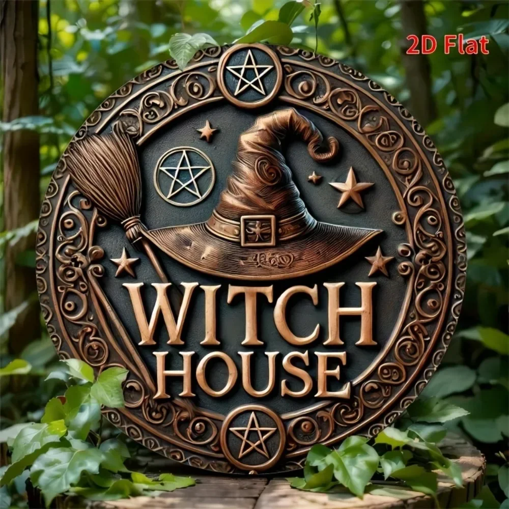 2D Vintage Hexenhaus Metallschild Kreisförmige Eisen Wanddekoration mit Stern Hexenhut Besen Design Halloween Dekor für Zuhause Garage