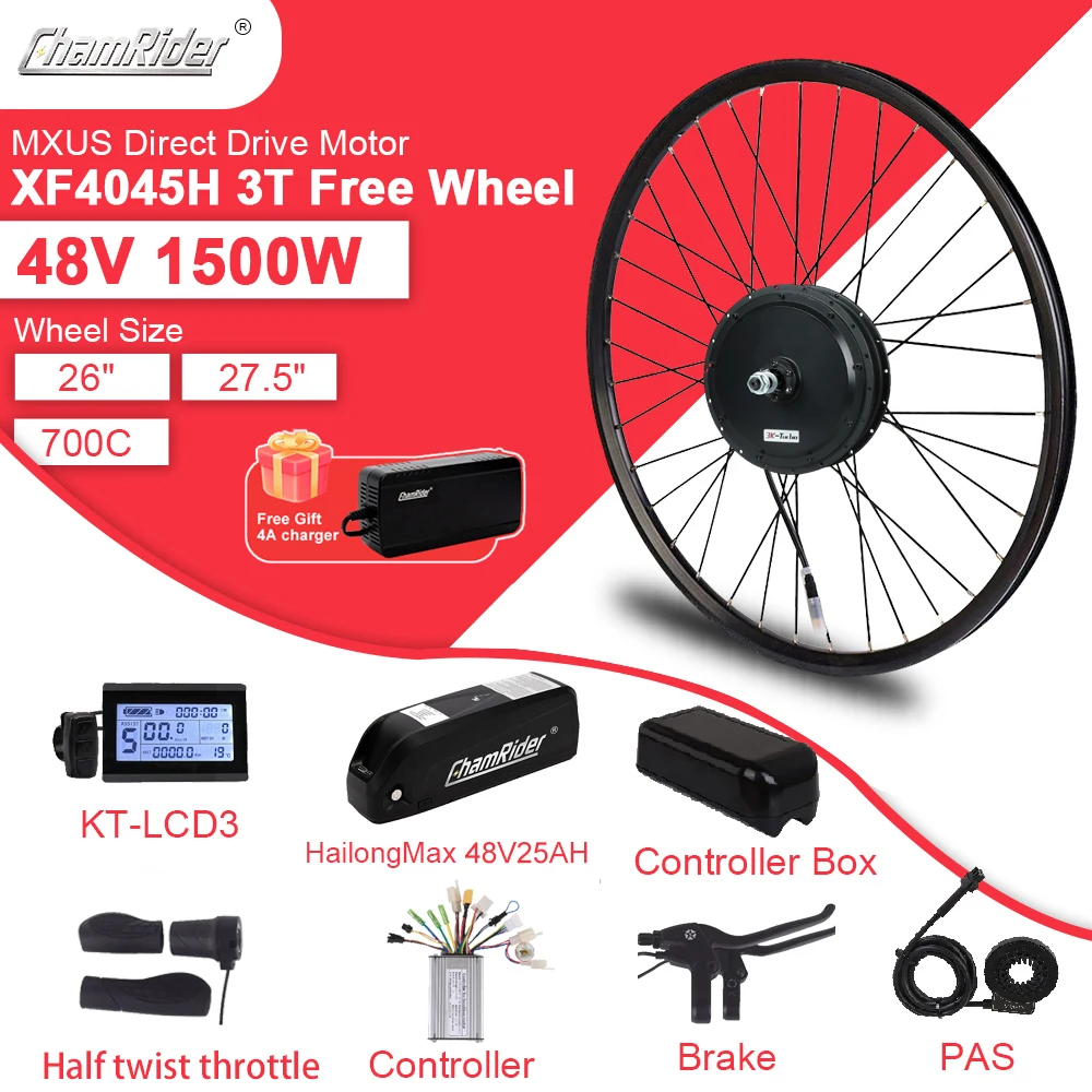 

ChamRider 48V 1500W Twist MXUS Electric 25AH Hailong Max Bicycle Battery Conversion Kit 40A BMS 500W Ebike Motor Wheel