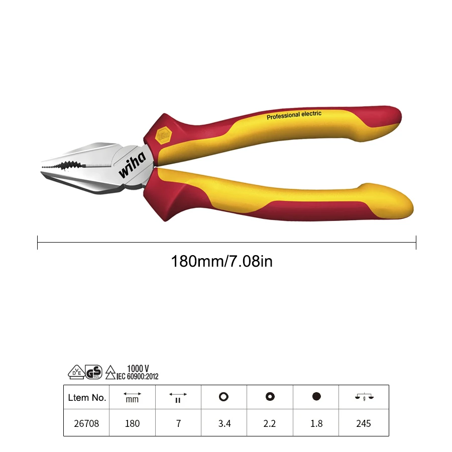 WIHA 26708 1000V VDE 180mm Insulated Combination Pliers for Gripping and Cutting Soft and Hard Wires&Cables Wire Cutters