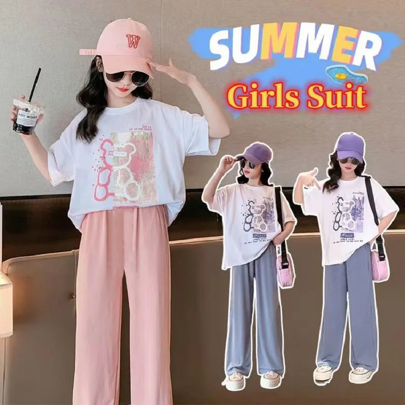 Summer Girls Cotton Cartoon Printed T-Shirt Tops+Lightweight Ice Silk Pant Sets School Kids 2PCS Tracksuit Child Outfits 5-16 Yr