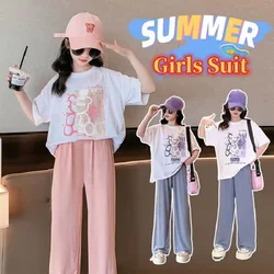 Summer Girls Cotton Cartoon Printed T-Shirt Tops+Lightweight Ice Silk Pant Sets School Kids 2PCS Tracksuit Child Outfits 5-16 Yr