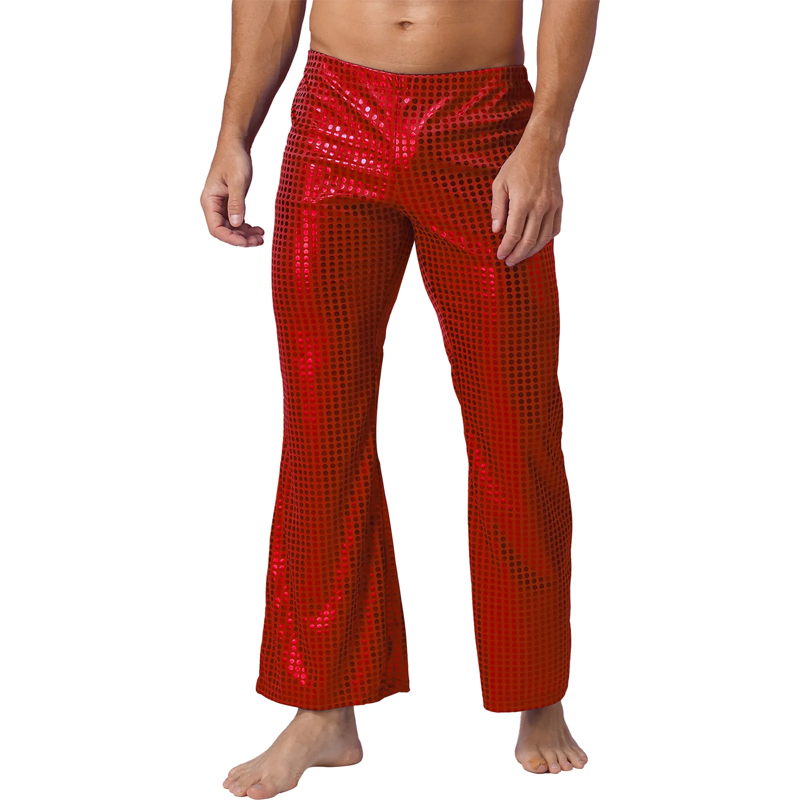 Mens Rave Party Long Pants Clubwear Shiny Sequins Flared pants Stage Performance Costumes Elastic Waistband Flared Pants