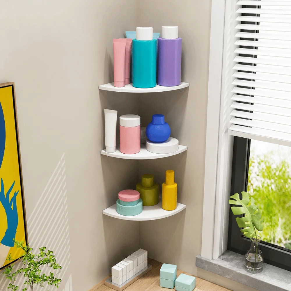 PVC Floating Corner Shelf Quarter Circle Wall Mount Home Floating Shelves Multifunctional Wall Decor Display Stand Bathroom
