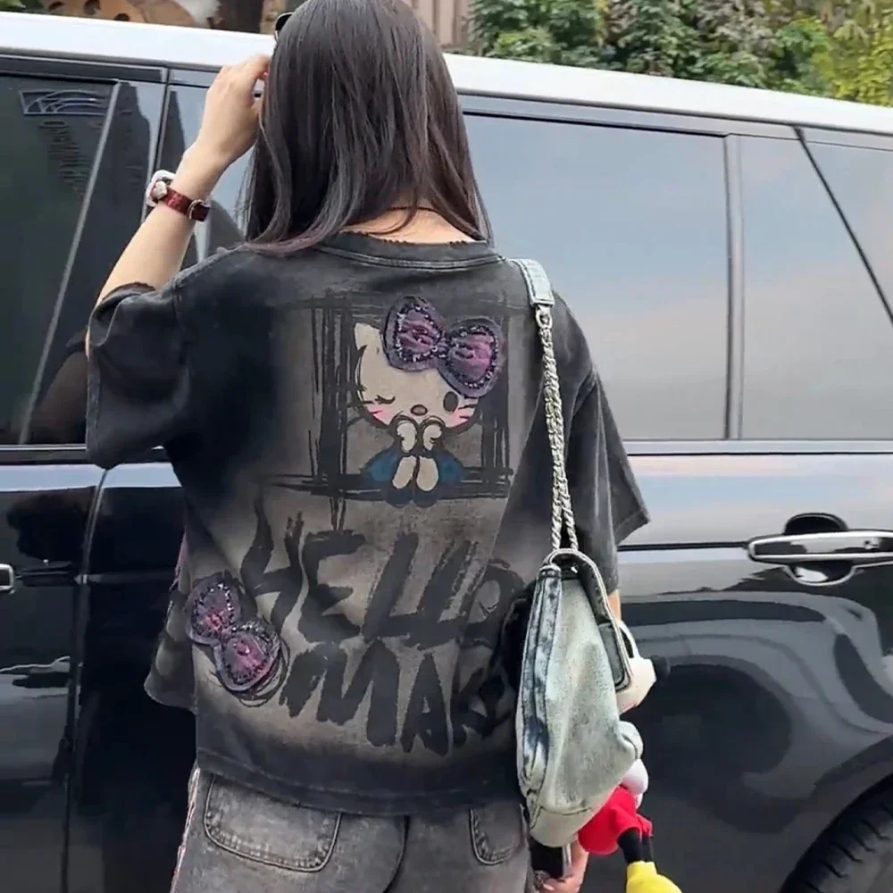 Y2K 헬로키티 여름 여성 반팔 티셔츠 애니메이션 산리오 만화 귀여운 스윗 코튼 여성 카와이 캐주얼 루즈 트렌드 탑