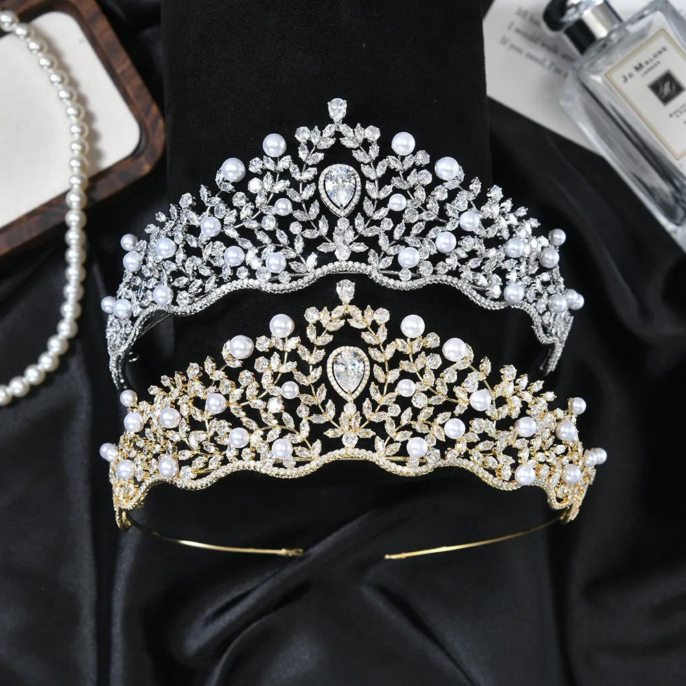 Cubic Zirconia Crystal Pearl Bridal Tiaras For Wedding Bride Hair Jewelry Accessories Crowns For Women Pageant Party Headdress