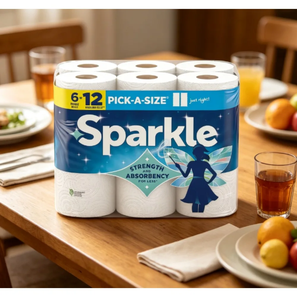 Sparkle Ready-to-Use Paper Towels, 6 Rolls Double Ply (660 Sheets Total) - Strong double-ply paper towels, suitable for kitchen cleaning and daily wiping.