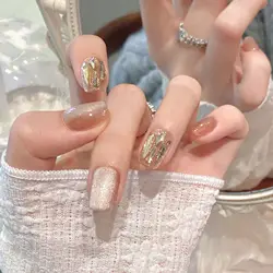 Handmade Short Press on Nails Sparkling Champagne Cat's Eye Fake Nail Tips Wearable Full Cover Fashion Crystal False Nails