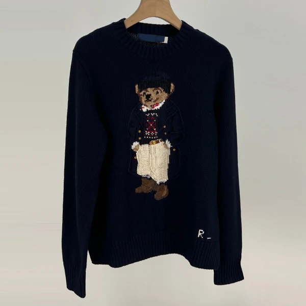 

Свитер Briti Sle свободного кроя из чистого хлопка с длинными рукавами и круглым вырезом, вязаный, с вышивкой в виде мультяшного медведя, осень-зима