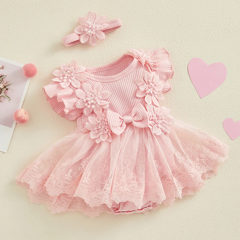 

Suefunskry Baby Girl 2Pcs Outfits Mesh Lace Patchwork Ruffled Fly Sleeve Romper Dress and Headband Cute Summer Flower Bodysuit