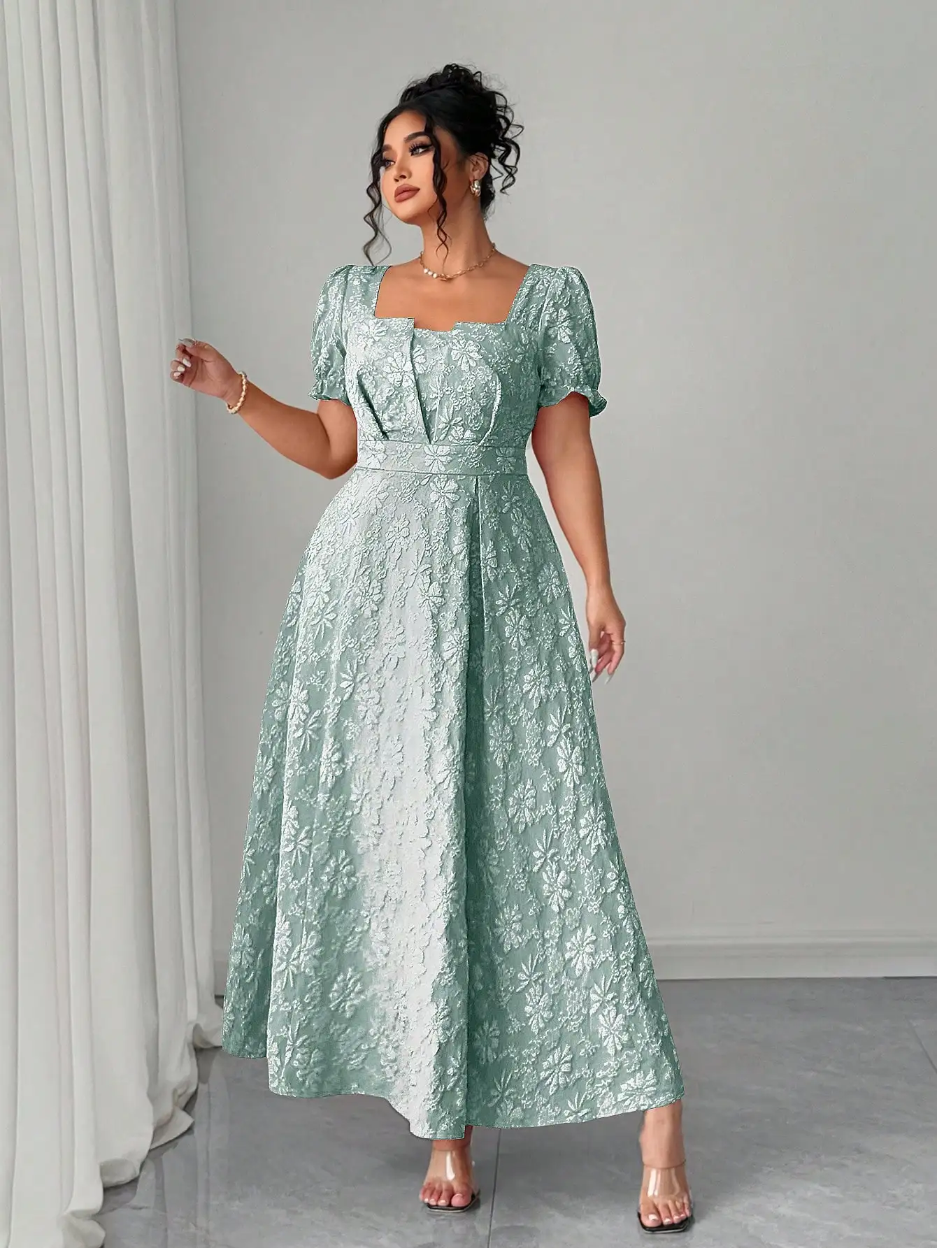 

Mint Green Plus Size Floral Jacquard Maxi Dress Featuring Square Neckline, Puffed Sleeves, And Defined Waist For Formal