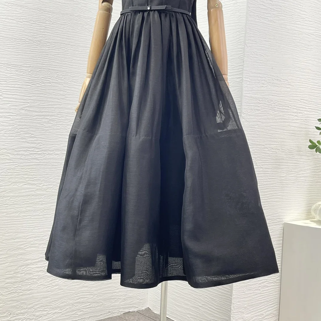 Robe mi-longue en lin noir pour femme, haute qualité, chaud, nouveau, automne, hiver, 2024