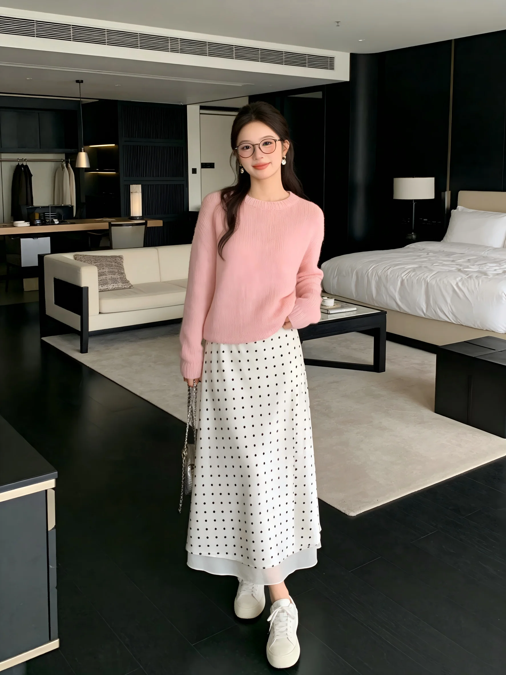 

Корейская юбка А-силуэта с высокой талией, длиной до колена, с эффектом стройности, широким подолом и принтом в горошек, повседневная женская юбка в стиле фэшн