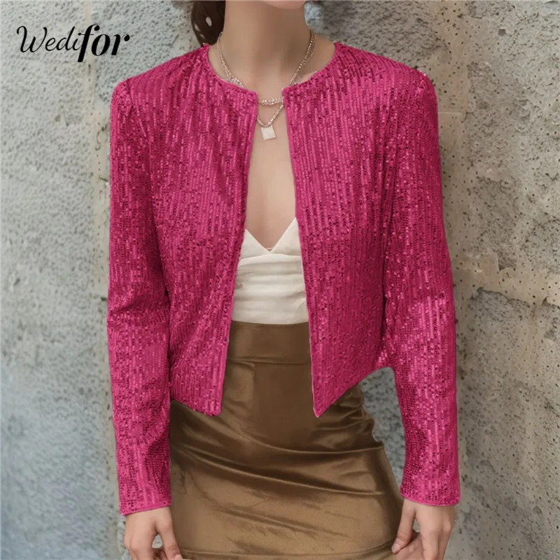 Wedifor New Fashion Sequins Women Jackets Coats Spring Long Sleeve Solid Casual Cardigan Elegant Glitter Ladies Tops Dropship