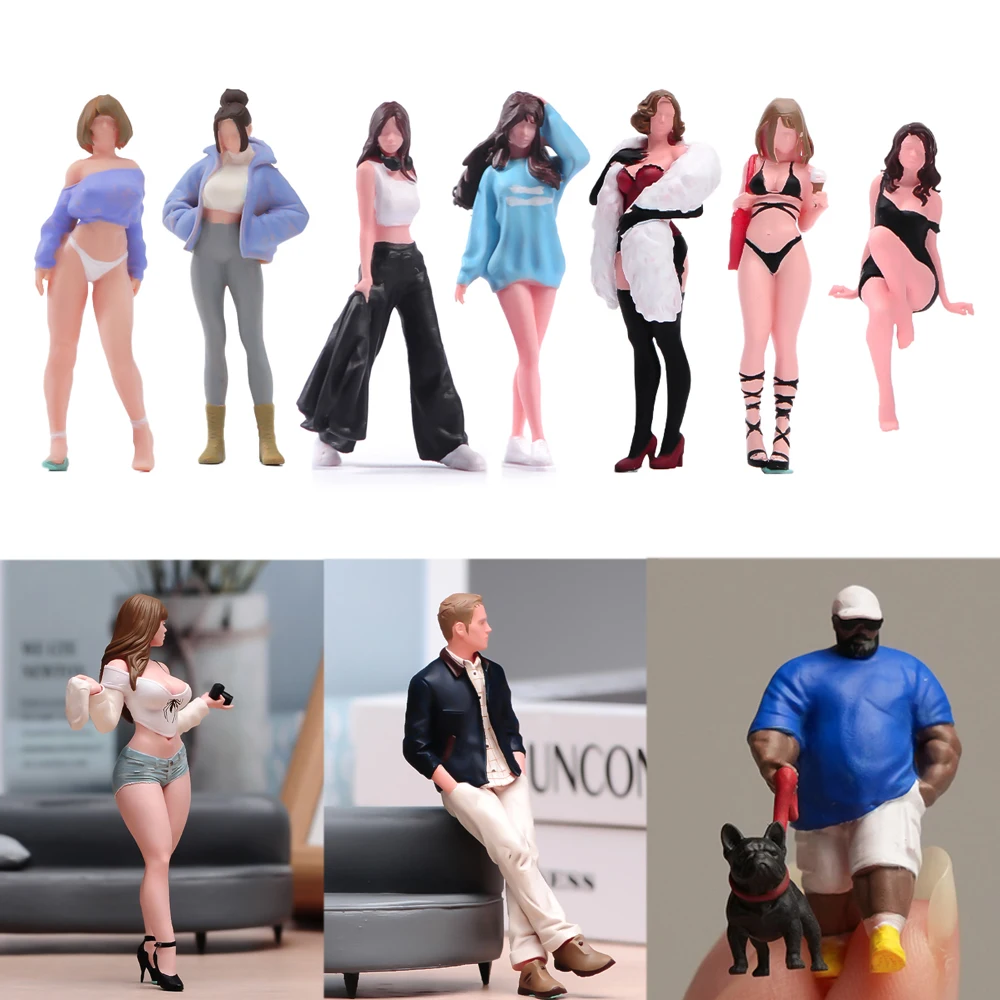 Figurine miniature peinte 1/64, modèle de figurine de femme en fourrure, fille à crème glacée, homme fumeur, beauté en bikini, accessoires de scène, décorations pour véhicules, ornements de vue