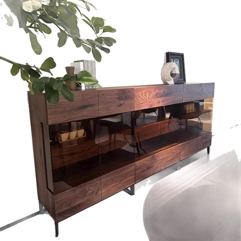 

Multifunctional black walnut meal household living room storage all solid wood wine cabinet display cabinet simple glass cabinet