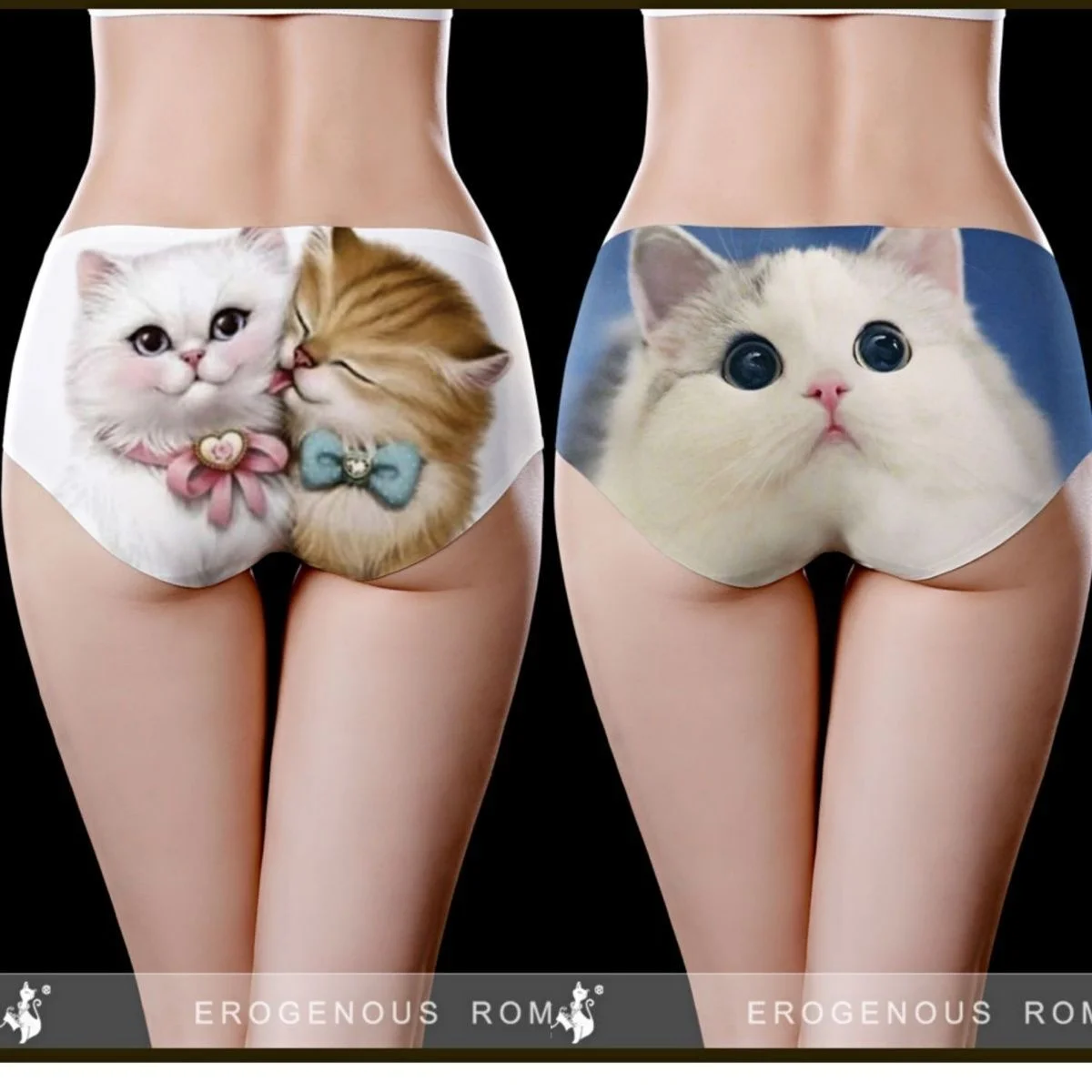 Ice Silk Cat Seamless Panties Summer Women\'s Underwear Cartoon Printed Underpanties Half Boxer Lingerie Mid-Waist Briefs