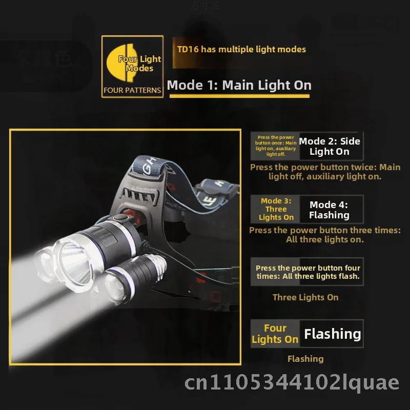 Phare LED Rechargeable à trois têtes, lampe de pêche à lumière forte, lampe de poche Super brillante à longue portée montée sur la tête pour mineur avec