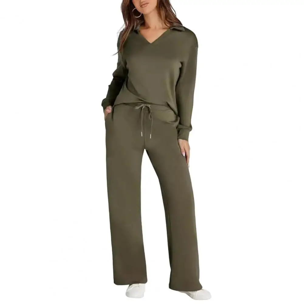 Spring Tracksuit Women\'s V Neck Sport Sweatshirt Wide Leg Trousers Set for Fall Spring Fitness Outfit Solid Color Tracksuit