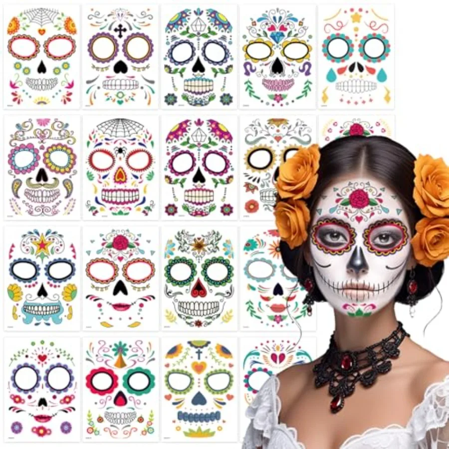 Paquete de 18 Tatuajes Faciales del Día de Muertos, Kit de Maquillaje de Calavera de Azúcar Catrina, Pegatinas de Tatuajes Temporales para Máscara de Halloween, Pintura de Esqueleto