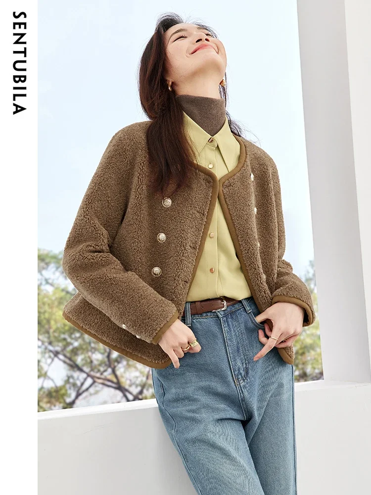 SENTUBILA Fur Integrated Fashion Coat for Women 2024 Autumn Winter Round Neck Faux Fur Coat Double Breasted Crop Top W44P58570X