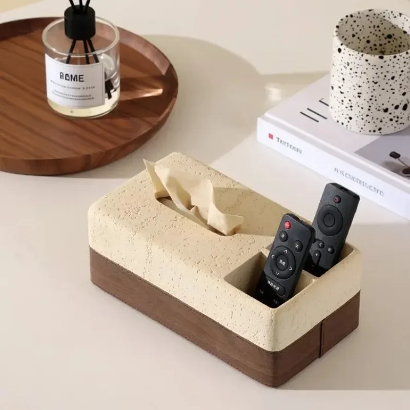 

Travertine Style Tissue Box with Walnut Grain, Remote Control Holder for Coffee Table, Modern Minimalist Napkin Dispenser 2-in-1