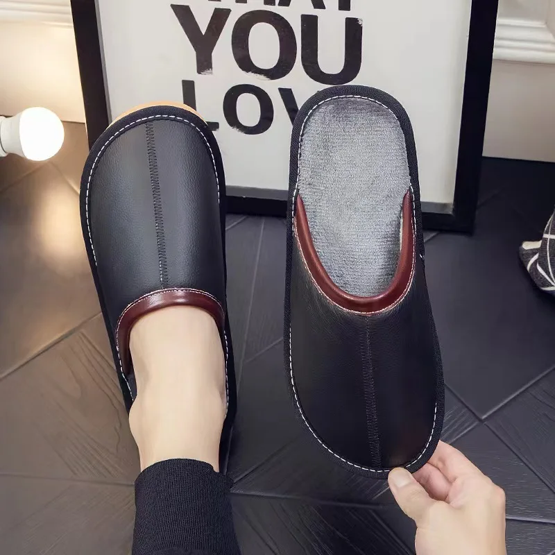 Men Winter Leather Slippers Bedroom Cotton Slippers Male Waterproof Thick Plus Velvet Indoor Warm House Home Slippers Shoes