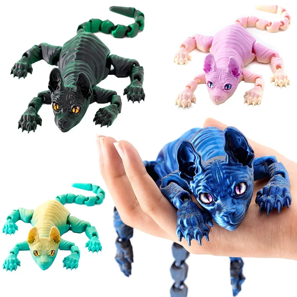Stampato in 3D Sphynx Cat Realistico Figurina di gatto senza peli Giocattolo stampato in 3D Articolato Fidget Miniature divertenti per gli amanti Decorazioni per la casa
