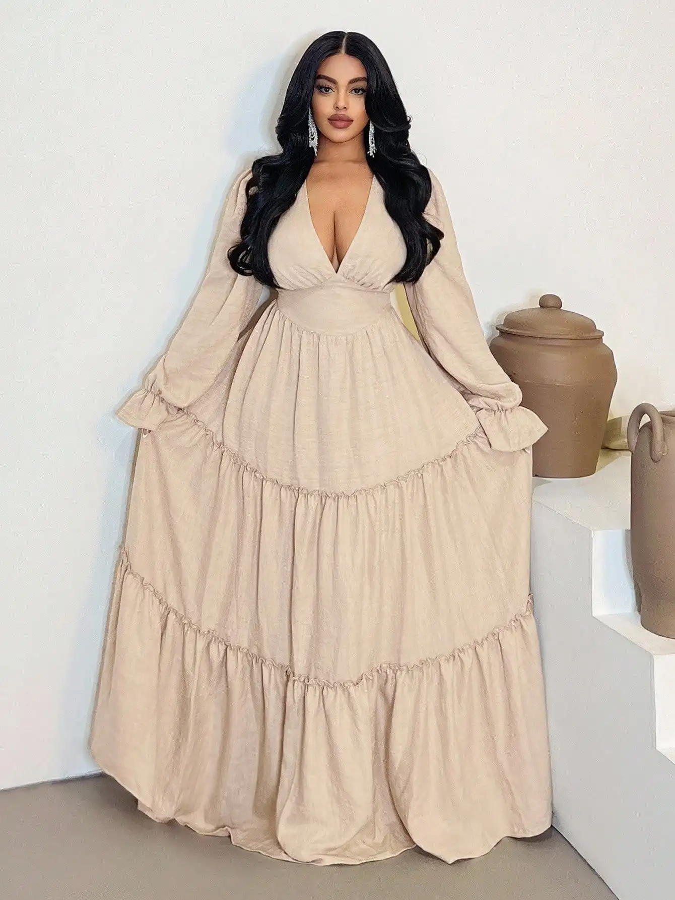 

Plus Size Solid Beige Deep V-Neck Long Sleeve Tiered Ruffle Maxi Dress