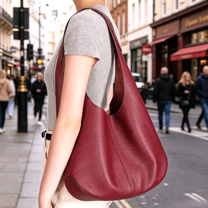 

Genuine Cowhide Leather Slouchy Hobo Shoulder Bag for Women Pebbled Leather Large Capacity Everyday Tote Bag Daily Underarm Bags