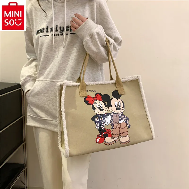 

MINISO Canvas Large Capacity Handbag 2024 New Cartoon Mickey Student Shoulder Bag Texture Tote Bag