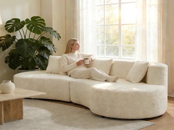 Modern Curved Couch 4 Seat Minimalist Elegant Half Moon Sofa Compressed Modular Sectional Sofa for Home Living Room Cream White