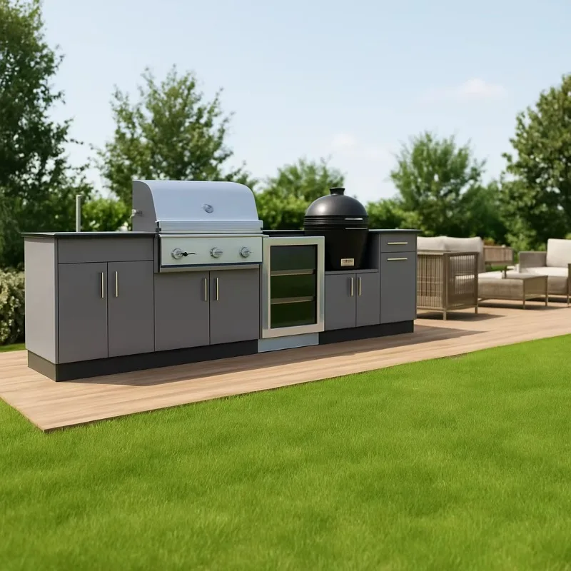 Stainless Steel Outdoor Kitchen Set With Sink Gas Grill Wine Cooler Kamado Oven Modular Waterproof Cooking Cabinet Customized