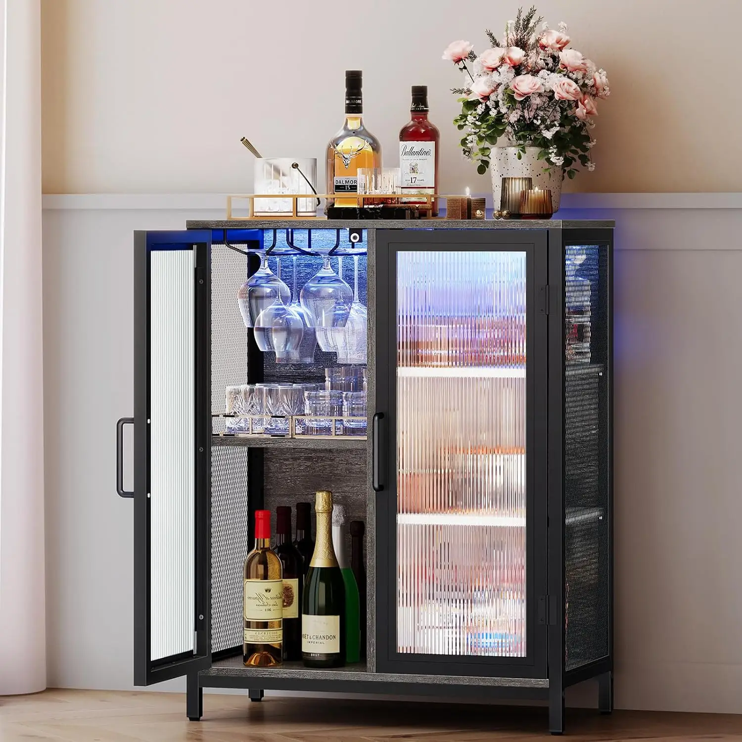 Mini LED Home Liquor Cabinet, Bar Cabinet, Buffet Cabinet com Armazenamento, Fácil de montar