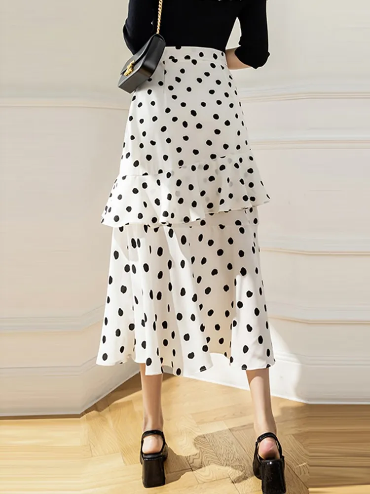 High Waist Chiffon Long Skirts Women New Arrival 2023 Spring Fashion Korean Style Polka Dot Ladies Elegant A-line Skirt W1301