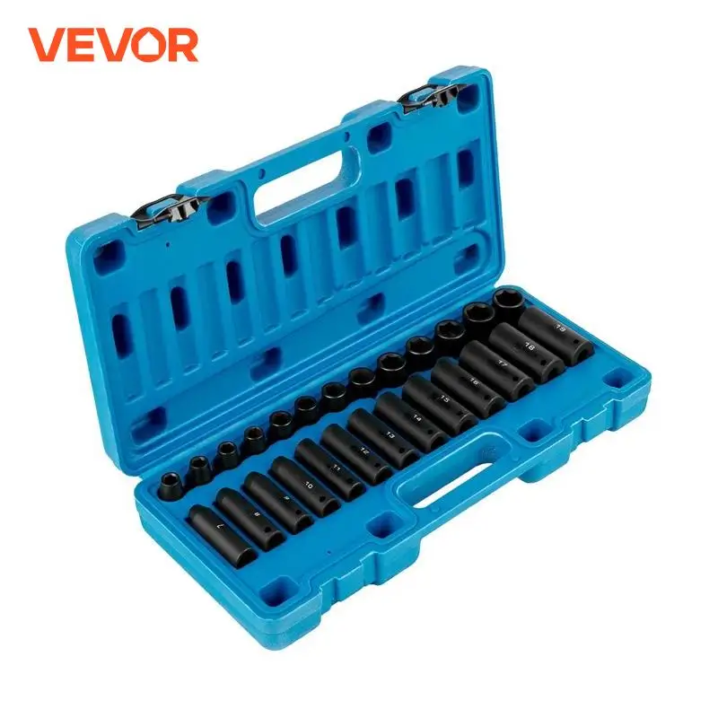 VEVOR 3/8 Inches Drive Impact Socket Set CR-V Material 26 PCS Standard and Deep 6-Point Design Suitable for Trucks RVs Vehicles