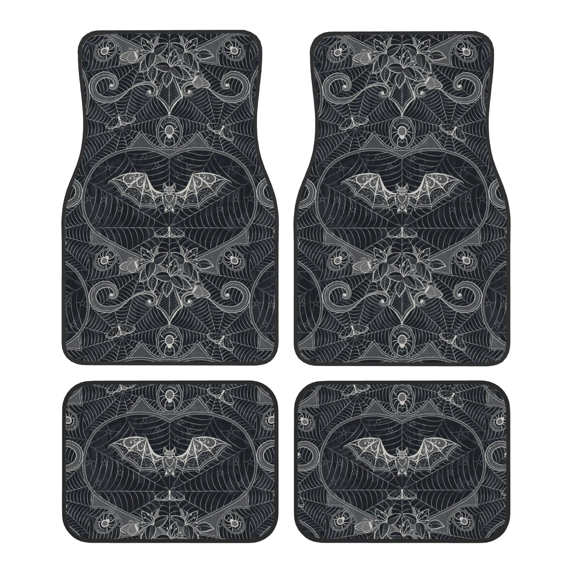 Car Floor Mats 4 Pcs Crystal Velvet Halloween Witch Bats Universal Front Rear Foot Mats Rugs Gothic Halloween Lace Pieces Auto
