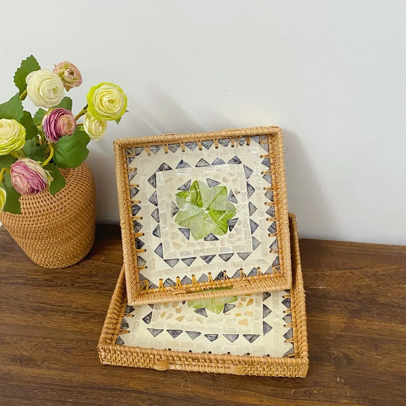 Handmade Rattan Woven Tabletop Square Shell Tray, Home Living Room Storage Tray, Green Spliced Shell Handicraft Storage Box