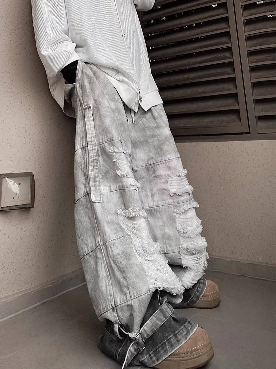 Man Jeans Street Fashion Cargo Jeans Hip Hop Mud Dyed Hollow Out Denim Pants Wide Leg Retro Distressed Washed Loose Trousers