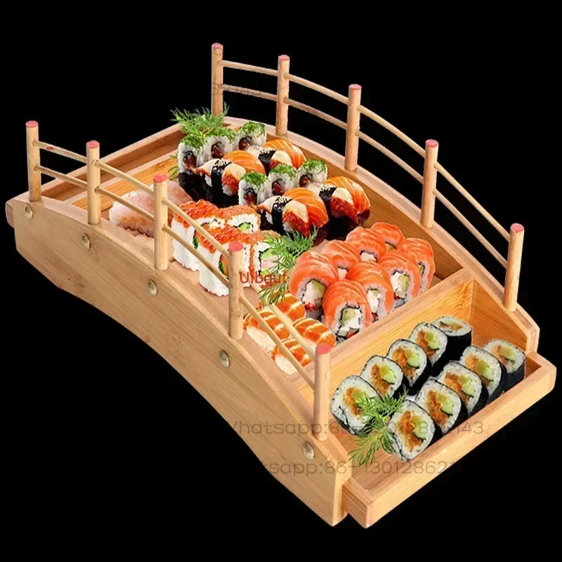Wooden Japanese style kitchen, sushi bridge, sashimi sushi plate, tray, sushi dishes, decorations