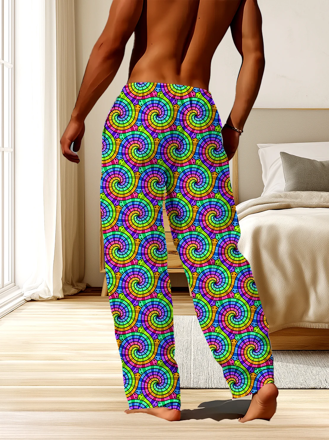 

Men loose comfortable 3Ddigital printed rainbow spiral pattern,full of psychedelic art style casual pants,fast drying non fading