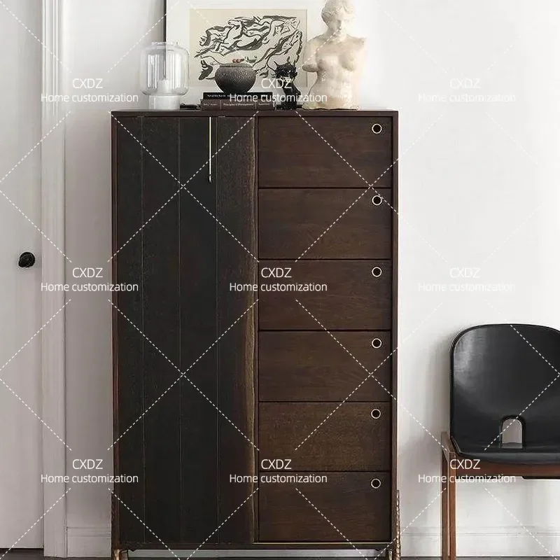 Nordic Solid Wood Dining Side Cabinet Medieval Storage Unit Retro Oak Sliding Door Cupboard with Drawer for Porch Entryway